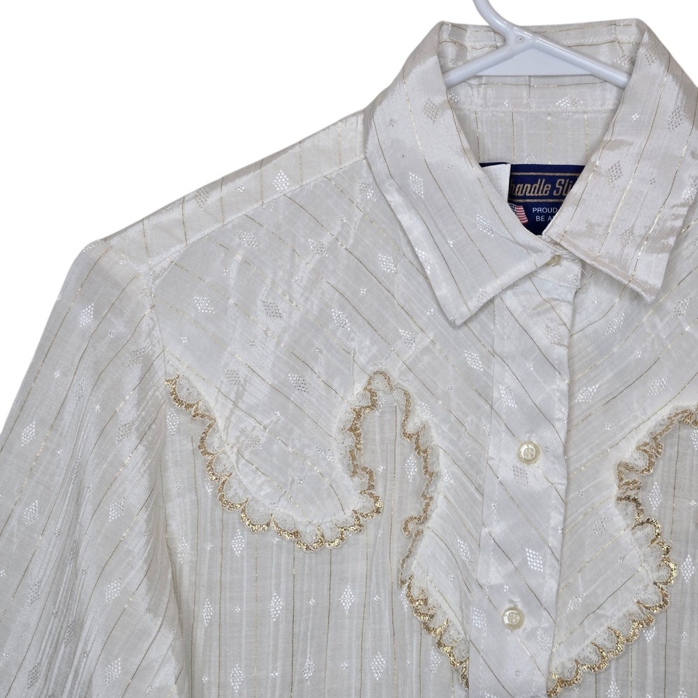 VTG 80s Panhandle Slim Womens Western Shirt Sz 12 White Lace Gold Trim Prairie - Picture 8 of 16